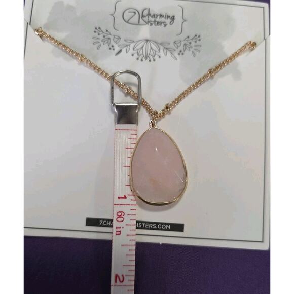 Rose Quartz Teardrop Pendant Necklace On Gold Tone Satellite Station Chain - Picture 7 of 9
